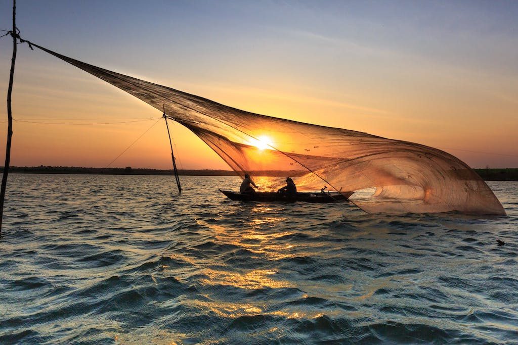 a wide net over a rowboat at sunrise