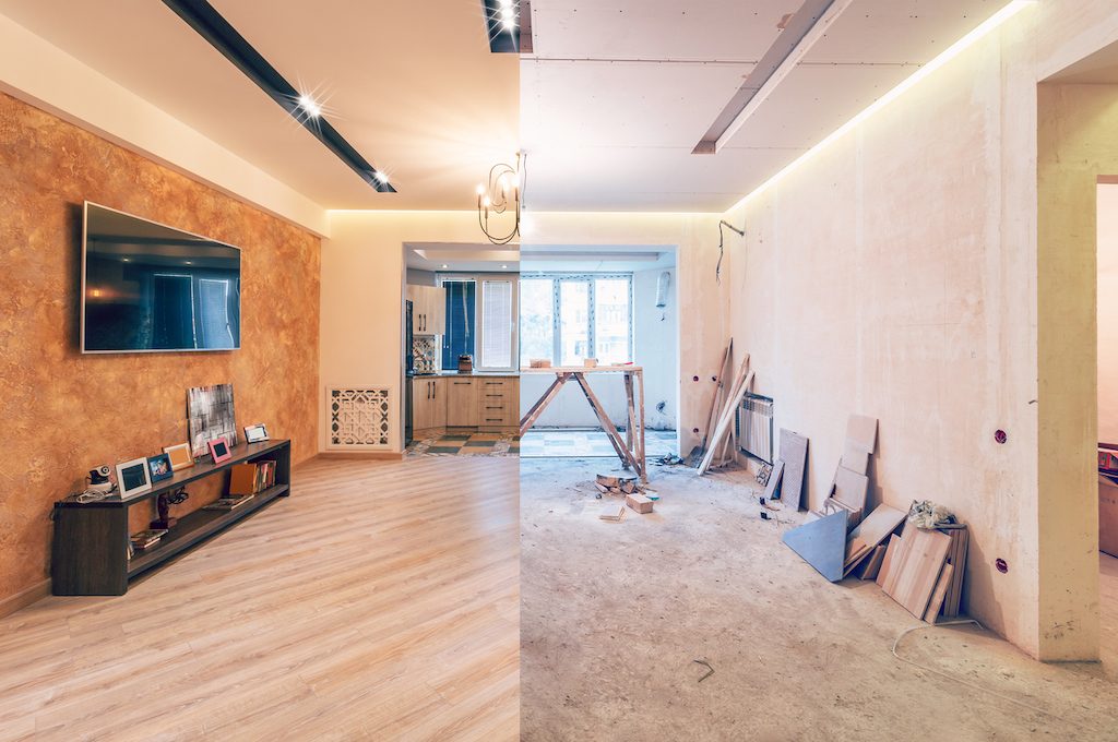 Modern interior design of big living-kitchen studio room, before and after