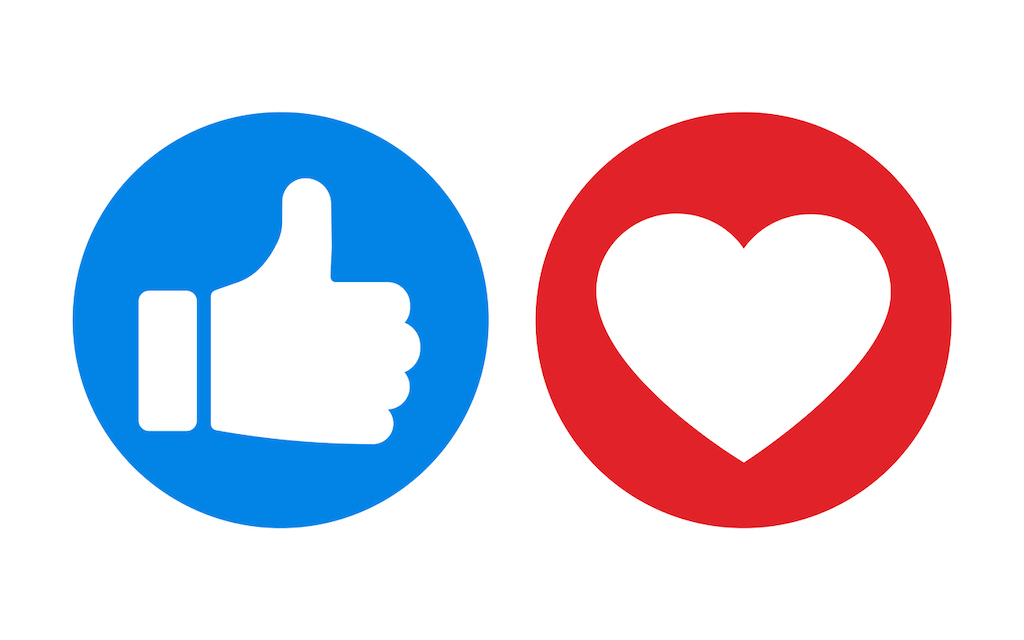 Social media thumbs up and heart icon isolated on white background